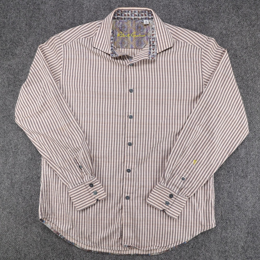 Robert Graham Mens Button Front Striped 100% Cotton Brown Tan Medium